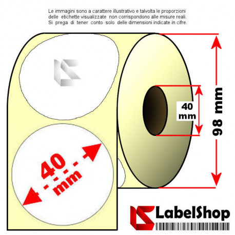 Rotolo da 1000 etichette adesive tonde diametro 40 mm vellum trasferimento termico