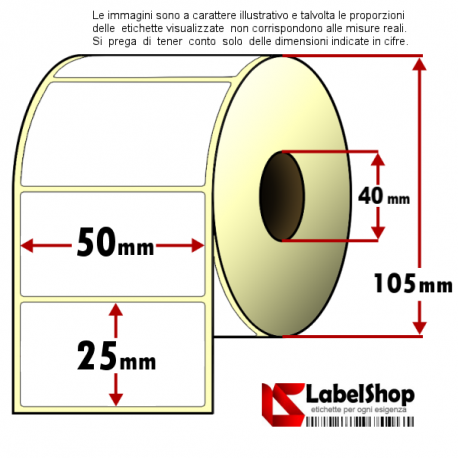 Rotolo da 2000 etichette adesive mm 50x25 vellum 1 pista anima 40