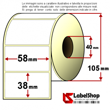 Rotolo da 1250 etichette adesive mm 58x38 Termiche mandrino 40 mm