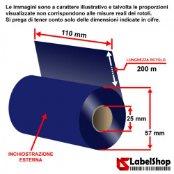 Ribbon BLU 110x200 ink out WAX RESIN - Nastro carbongrafico colorato CYAN CERA RESINA per stampa a trasferimento termico