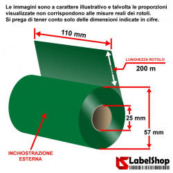 Ribbon VERDE 110x200 ink out WAX RESIN - Nastro carbongrafico colorato GREEN CERA RESINA per stampa a trasferimento termico