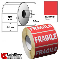 Etichette prestampate FRAGILE rotoli da 2000 pz formato 92x33 colore rosso con scritta bianca collante permanante