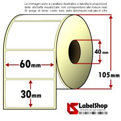 Rotolo da 1800 etichette adesive mm 60x30 Carta vellum 1 pista anima 40