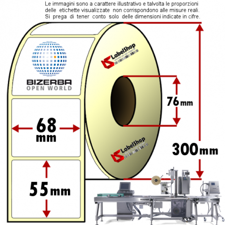 Rotolo da 3000 etichette adesive mm 68x55 vellum 1 pista anima 76 colla forte TOP protetta per Bizerba