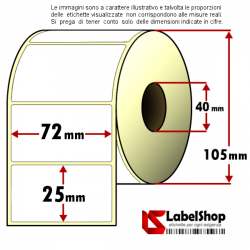 Rotolo da 2000 etichette adesive mm 72x25 Carta vellum 1 pista anima 40