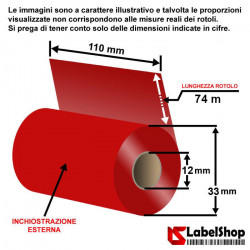 Ribbon ROSSO 110x74 ink out WAX RESIN - Nastro carbongrafico colorato RED CERA RESINA per stampa a trasferimento termico