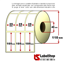 Rotolo da 1350 etichette adesive mm 25x105 Carta Vellum 3 piste anima 40