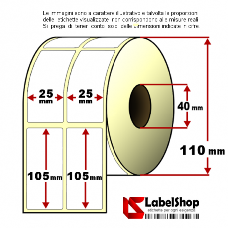 Rotolo etichette adesive mm 25x105 Vellum 2 piste anima 40