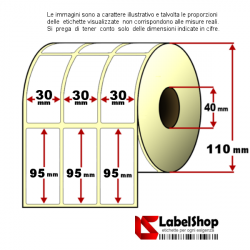 Rotolo da 1500 etichette adesive mm 30x95 Termiche 3 piste anima 40