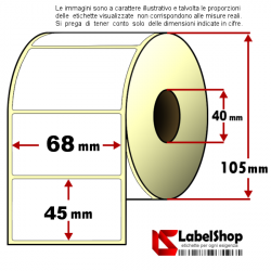 Rotolo da 1100 etichette adesive mm 68x45 Termiche 1 pista anima 40 collante permanente