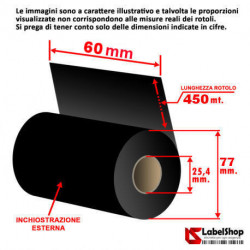 Ribbon resina 60x450 m. ink out - Nastro carbongrafico indelebile resistente ai graffi per PPV - PVC - PPE - Carta