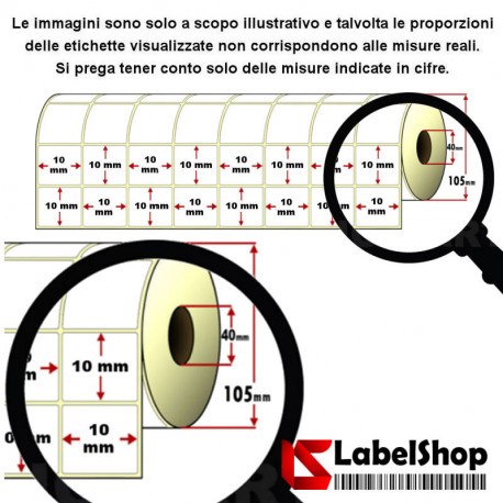 Rotolo da 28000 etichette adesive mm 10x10 Termiche dirette 8 piste anima 40