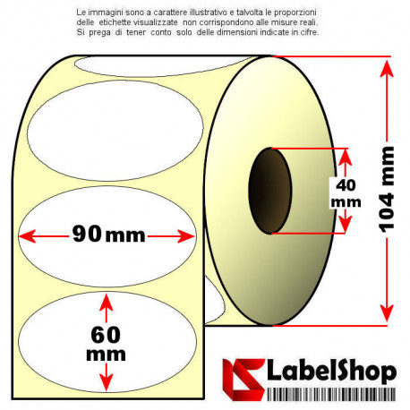 Rotolo da 900 etichette adesive ovali 90x60 Termiche anima 40