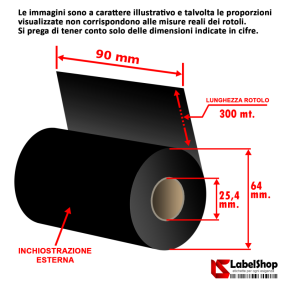 Ribbon 90mm x 300m Cera ink out  Nastro carbongrafico wax per stampa a trasferimento termico