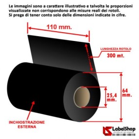 Ribbon resina  110x300 m. ink out  - Nastro carbongrafico indelebile resistente ai graffi per PPV - PVC - PPE - Carta