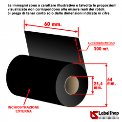 Ribbon H 60 mm x 300 m. ink out WAX - Nastro carbongrafico a base cera per stampa a trasferimento termico (Ribbon in Cera)