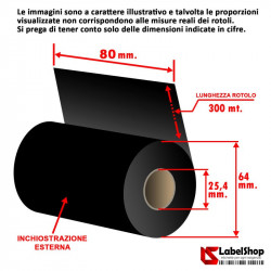 Ribbon H 80 mm x 300 m. ink out WAX - Nastro carbongrafico a base cera per stampa a trasferimento termico (Ribbon in Cera)