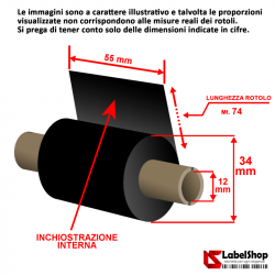 Ribbon 55 mm x 74 m. inchiostrazione Interna WAX CERA per stampa a trasferimento termico